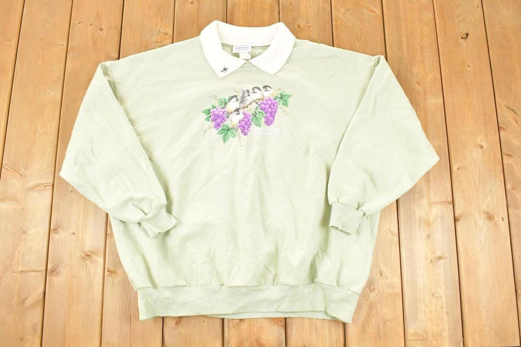 Vintage 1990s Grapevine Birds Cute Cartoon Collared Sweatshirt Women's 3X