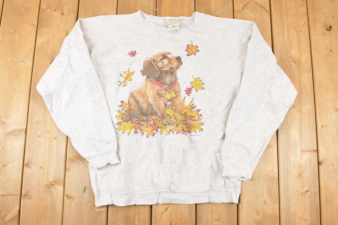 Vintage 1990s Golden Retriever Fall Puppy Graphic Print Crewneck Sweatshirt Womens L