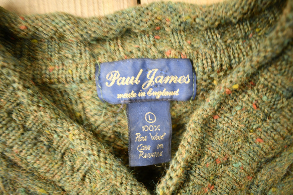 Vintage 1990s Paul James 100% Wool 3D Cable Knit V-Neck Sweater