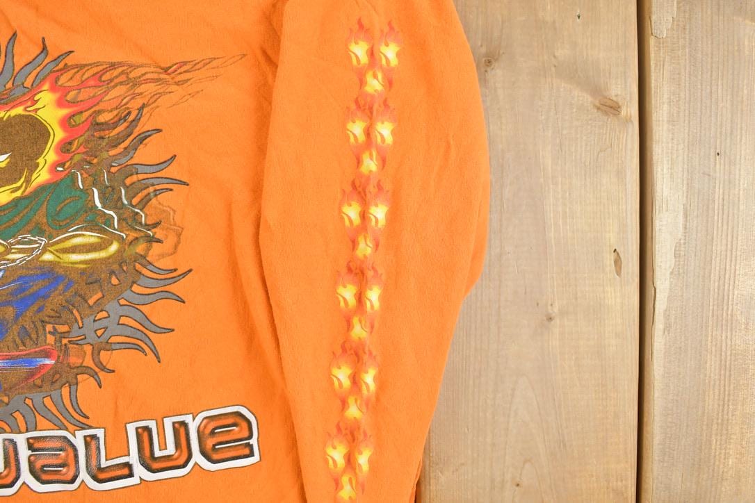 Vintage 1990s Shok Value Skateboarding Fire Head Graphic Long Sleeve T-Shirt