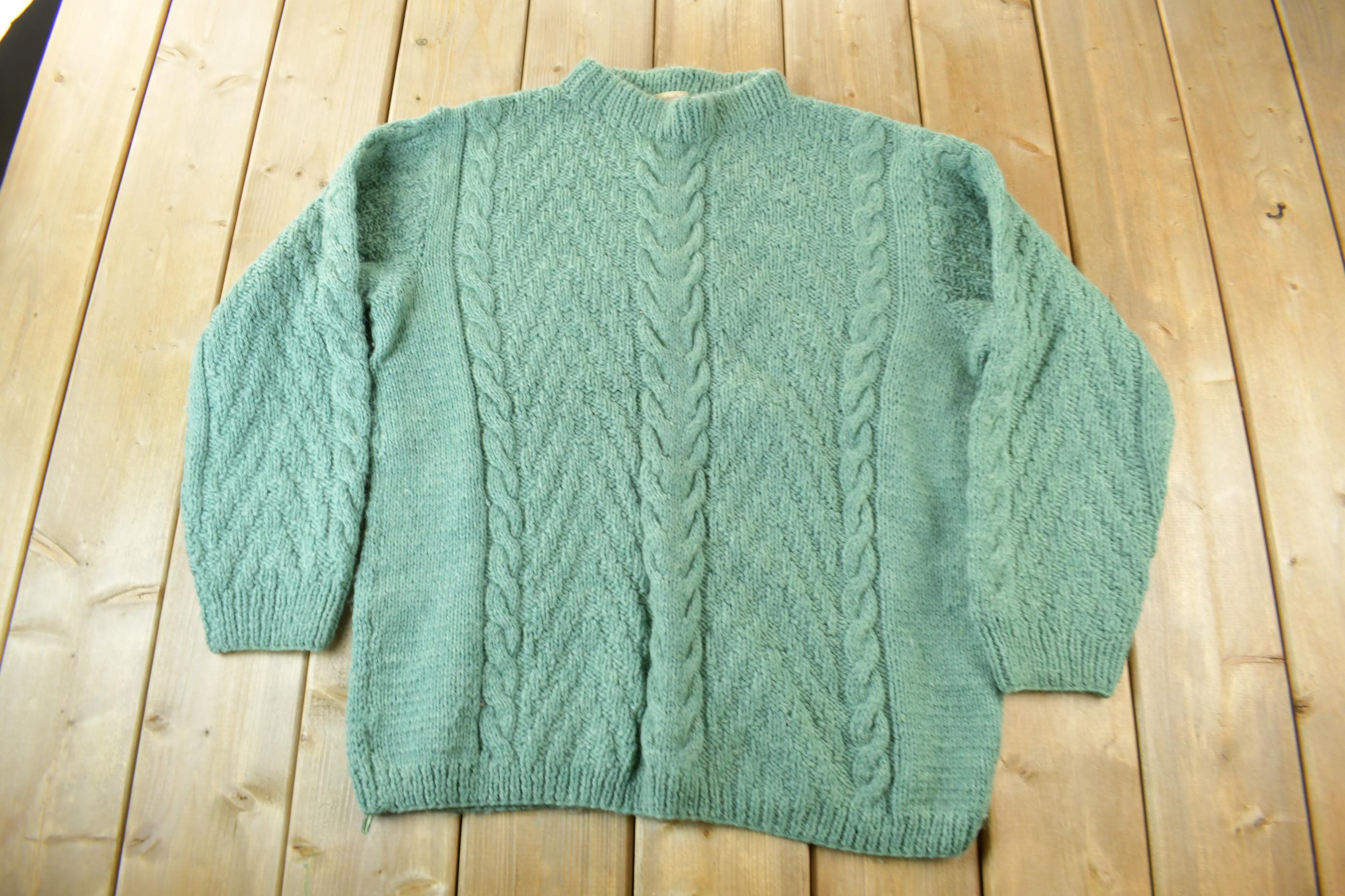 Vintage 1990s Hand Made 3D Green Colored Cable Knit Crewneck Sweater