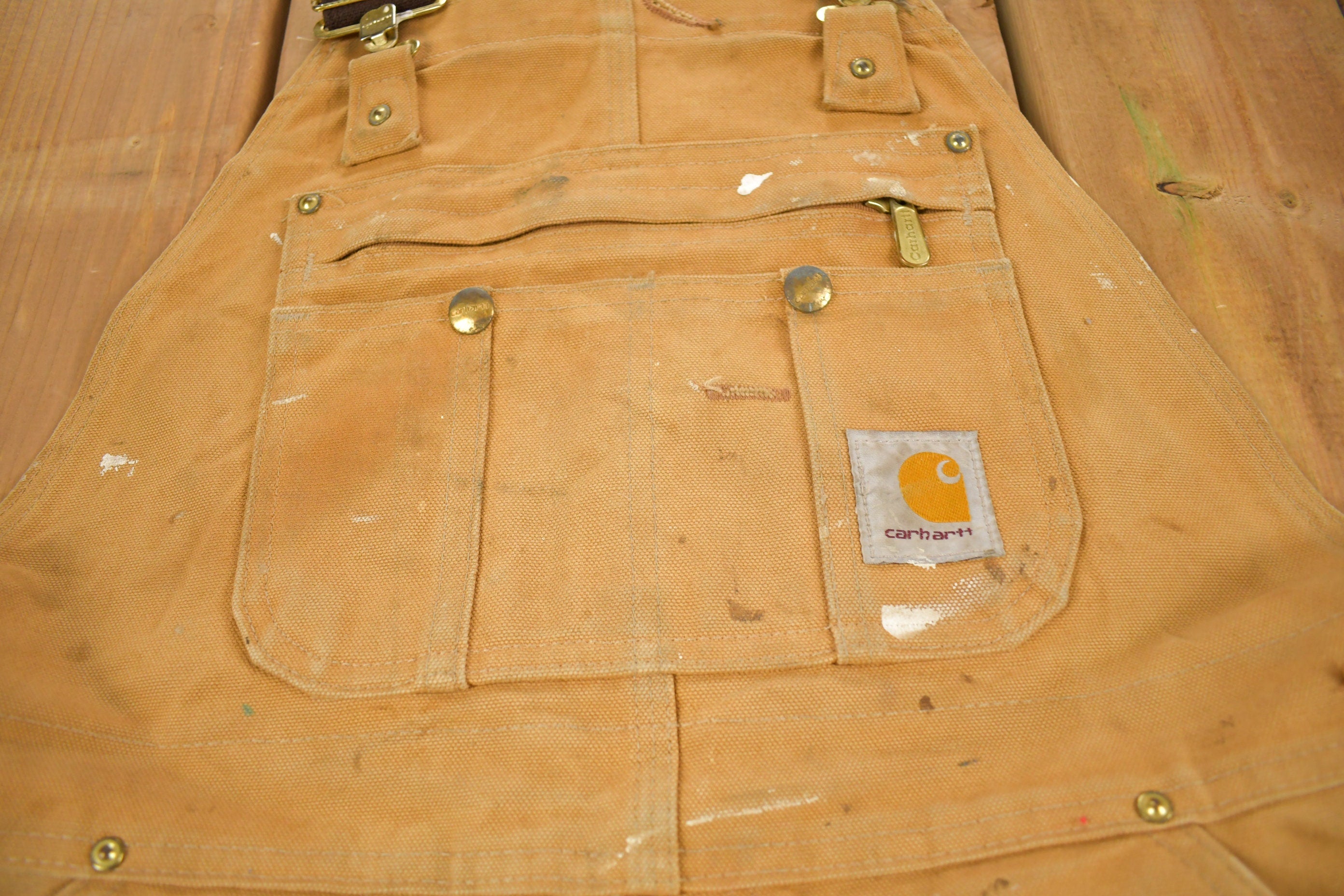 Vintage 1990s Carhartt Double Knee Quilted Canvas Paint Splattered Overalls Size 36 x 26