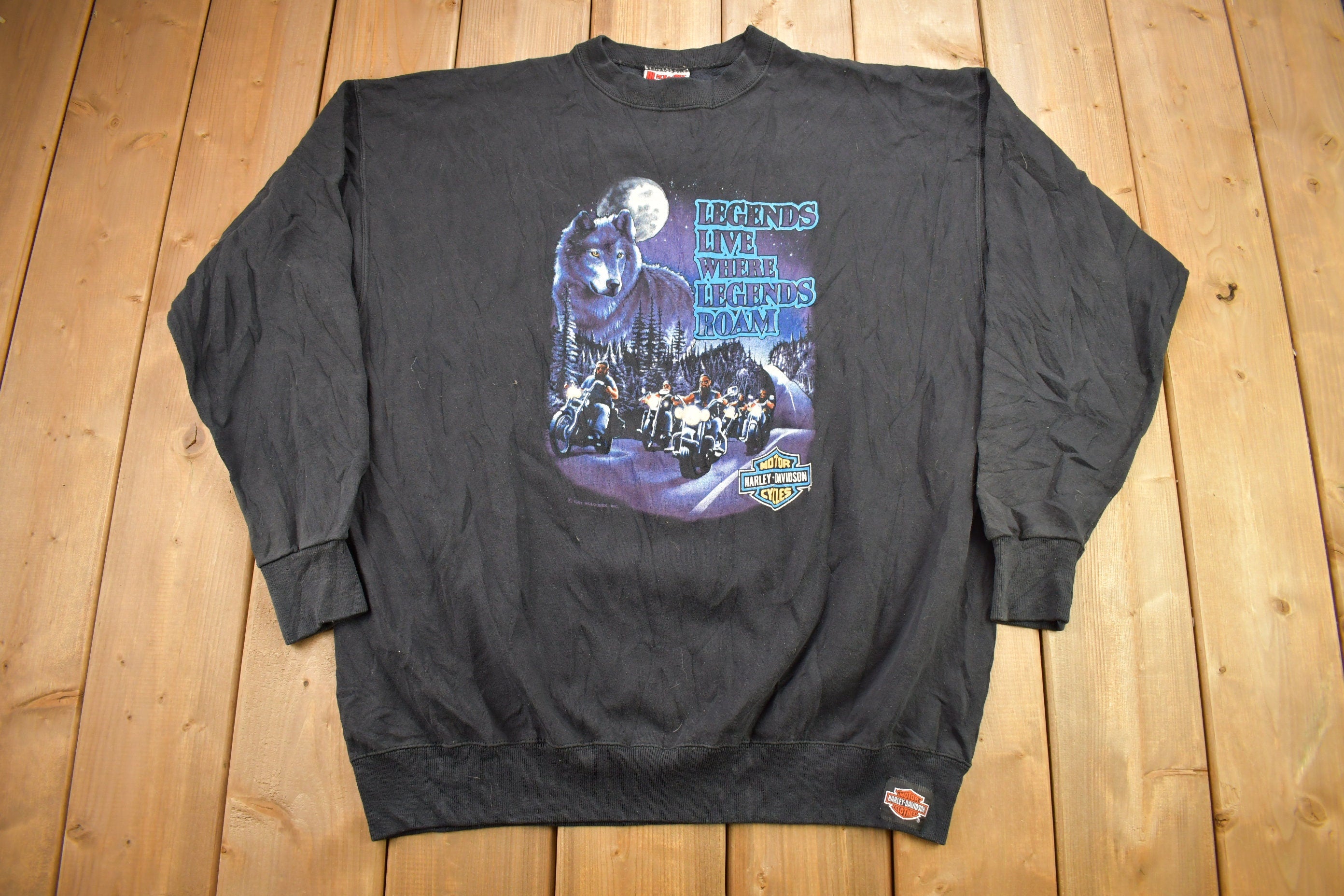 Vintage 1991 Fargo Harley Davidson North Dakota Wolf Theme Crewneck Sweater
