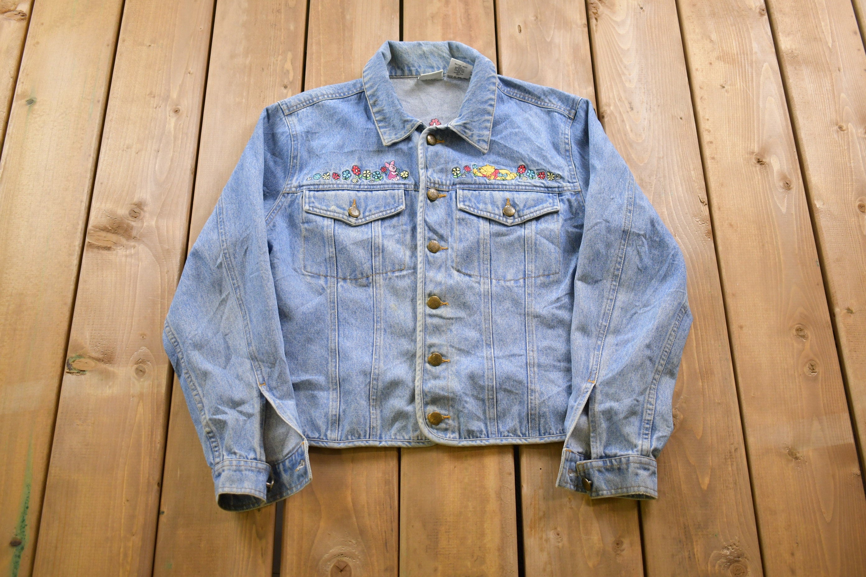 Vintage 1990s Winnie The Pooh Floral Embroidered Denim Jean Jacket