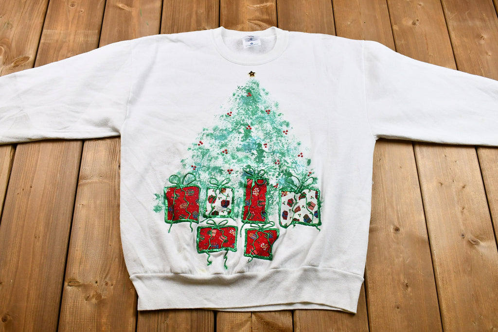 Vintage Christmas Sweater , 90s Holiday Crewneck , Made in USA , Winter Wear , Festive Christmas Tree Print