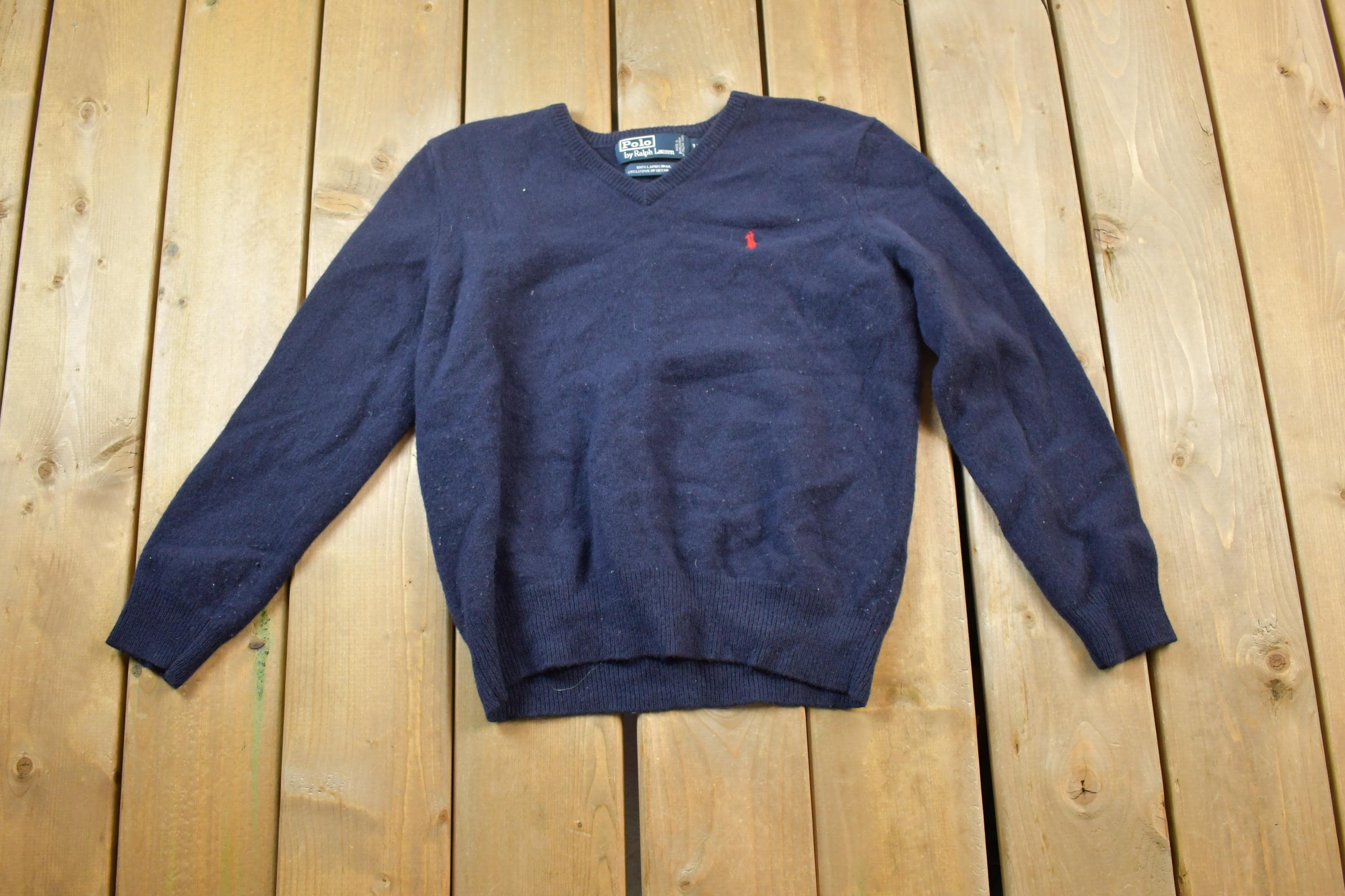 Vintage 1990s Polo By Ralph Lauren 100% Lambswool Knit V Neck Sweater