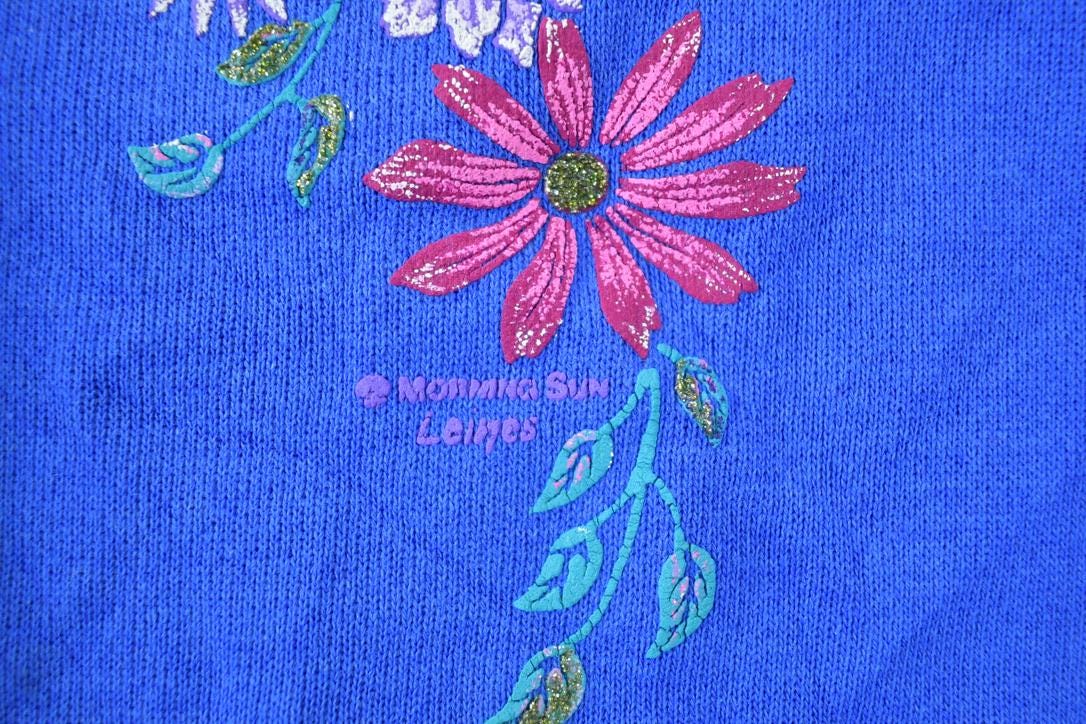Vintage 1990s Hanes Double Collar Brilliant Blue Floral Cute Crewneck Sweater