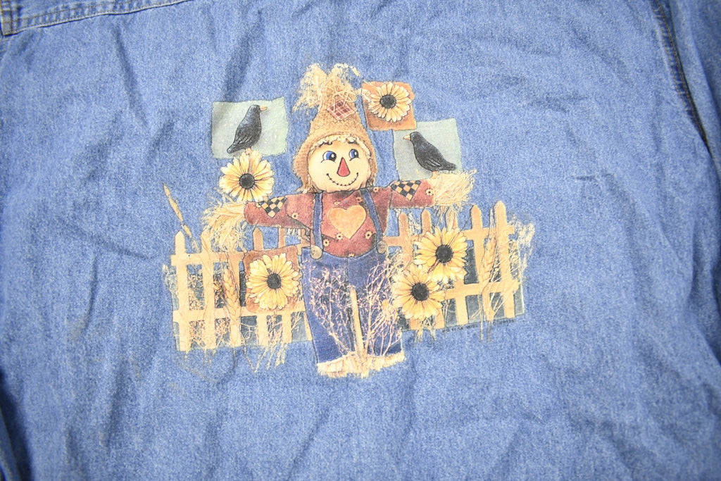 Vintage 1990s Scarecrow Farm Theme Button Up Shirt