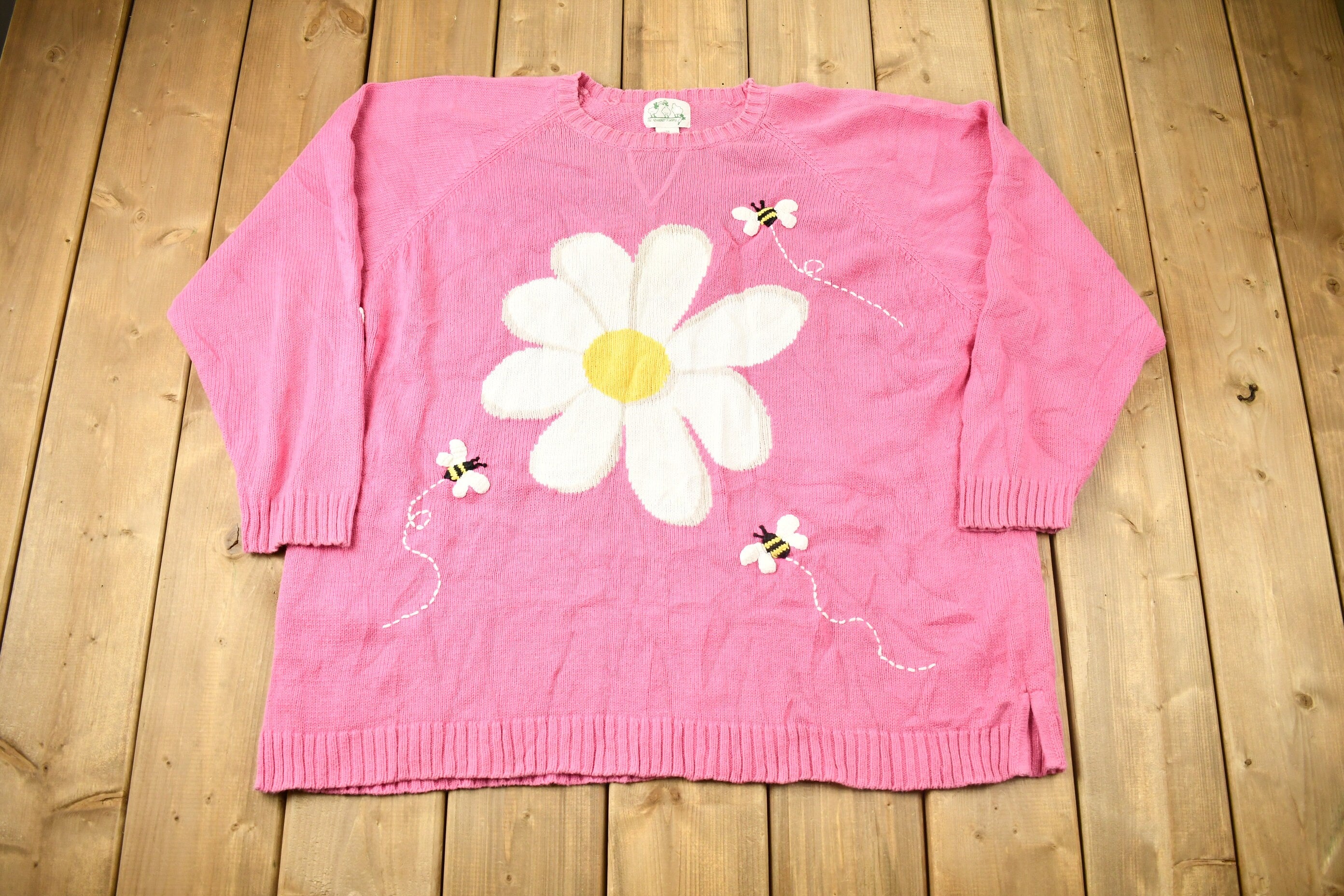 Vintage 1990s The Quacker Family Knitted Flower Crewneck Sweater
