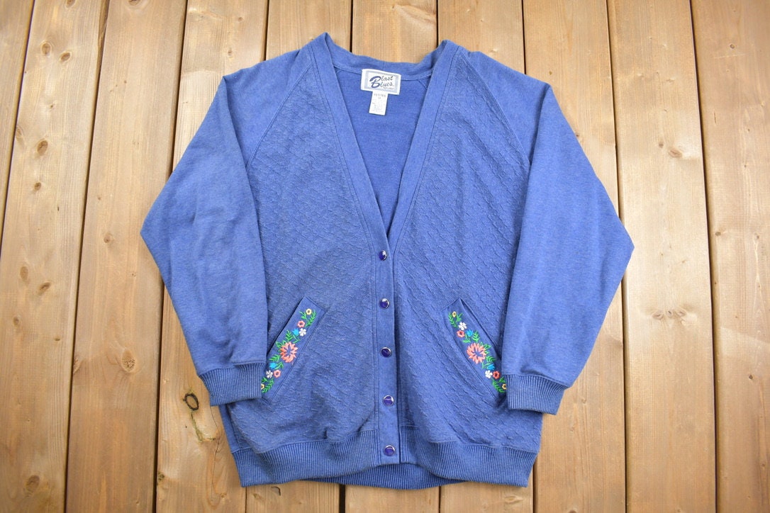 Vintage 1980s Blast Blues Flower Embroidered Cardigan Sweater / Vintage Cardigan / Button Up / Embroidery