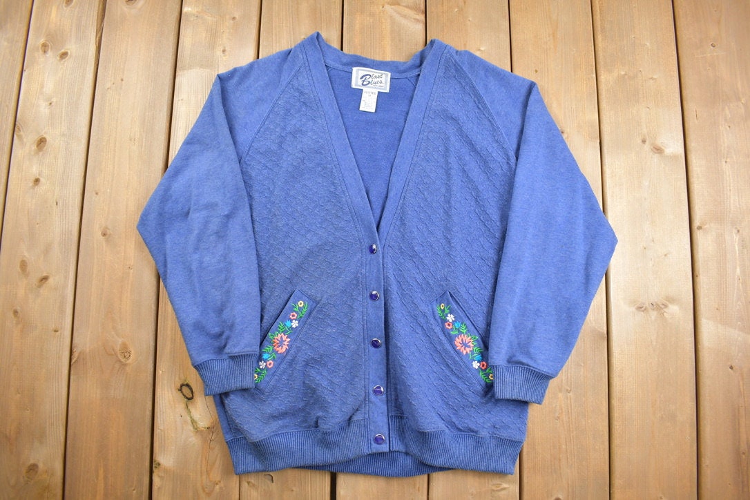 Vintage 1980s Blast Blues Flower Embroidered Cardigan Sweater