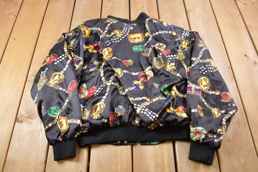 Vintage 1990s M.J. Carroll All Over Pattern Satin Bomber Jacket