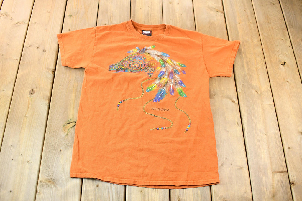 Vintage 1990s Orange Souvenir Arizona USA Feather and Bead Horse Travel T-Shirt