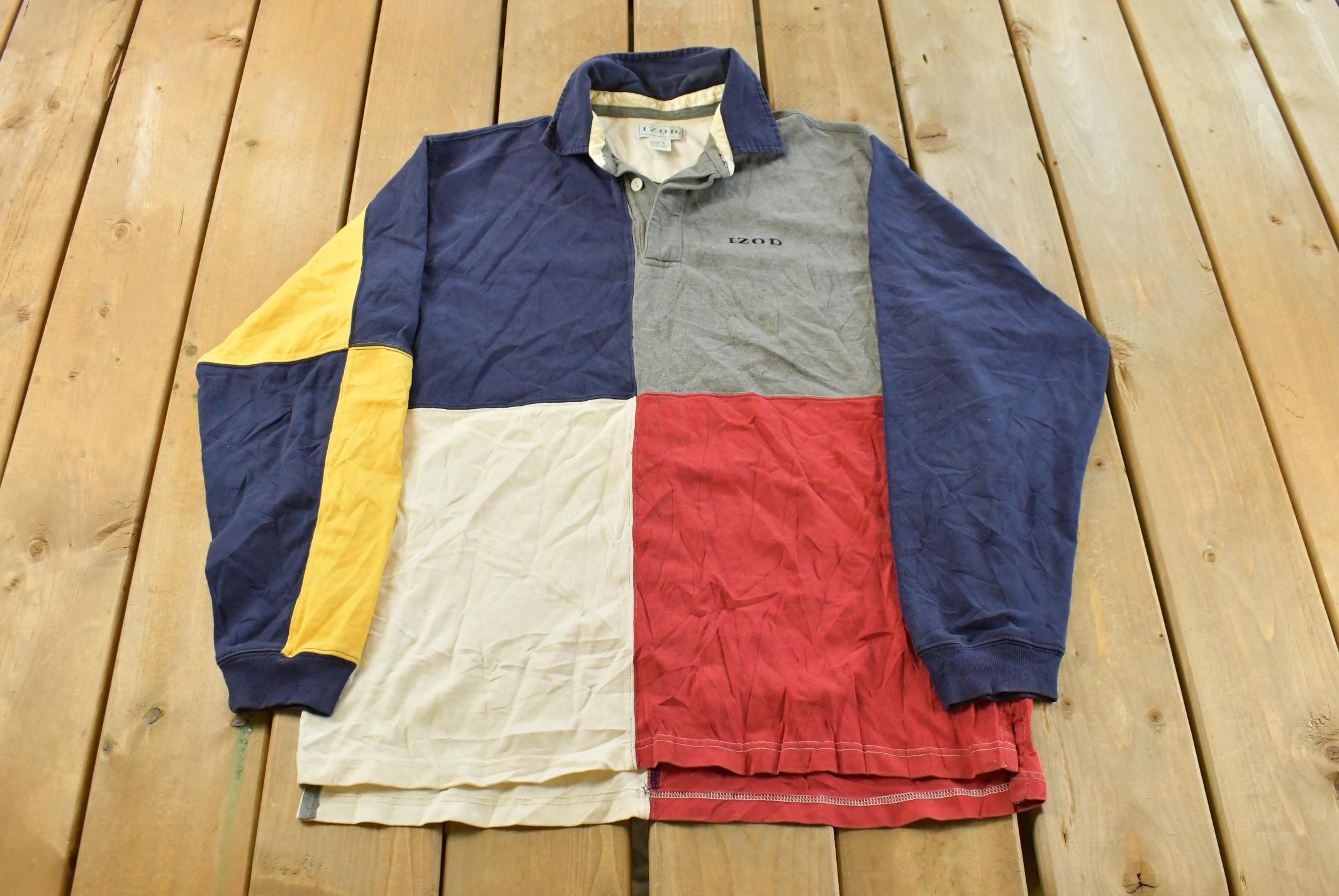 Vintage 1990s Izod Rugby Button Up Shirt Men's M  90s Color Blocked  Preppy Button Up