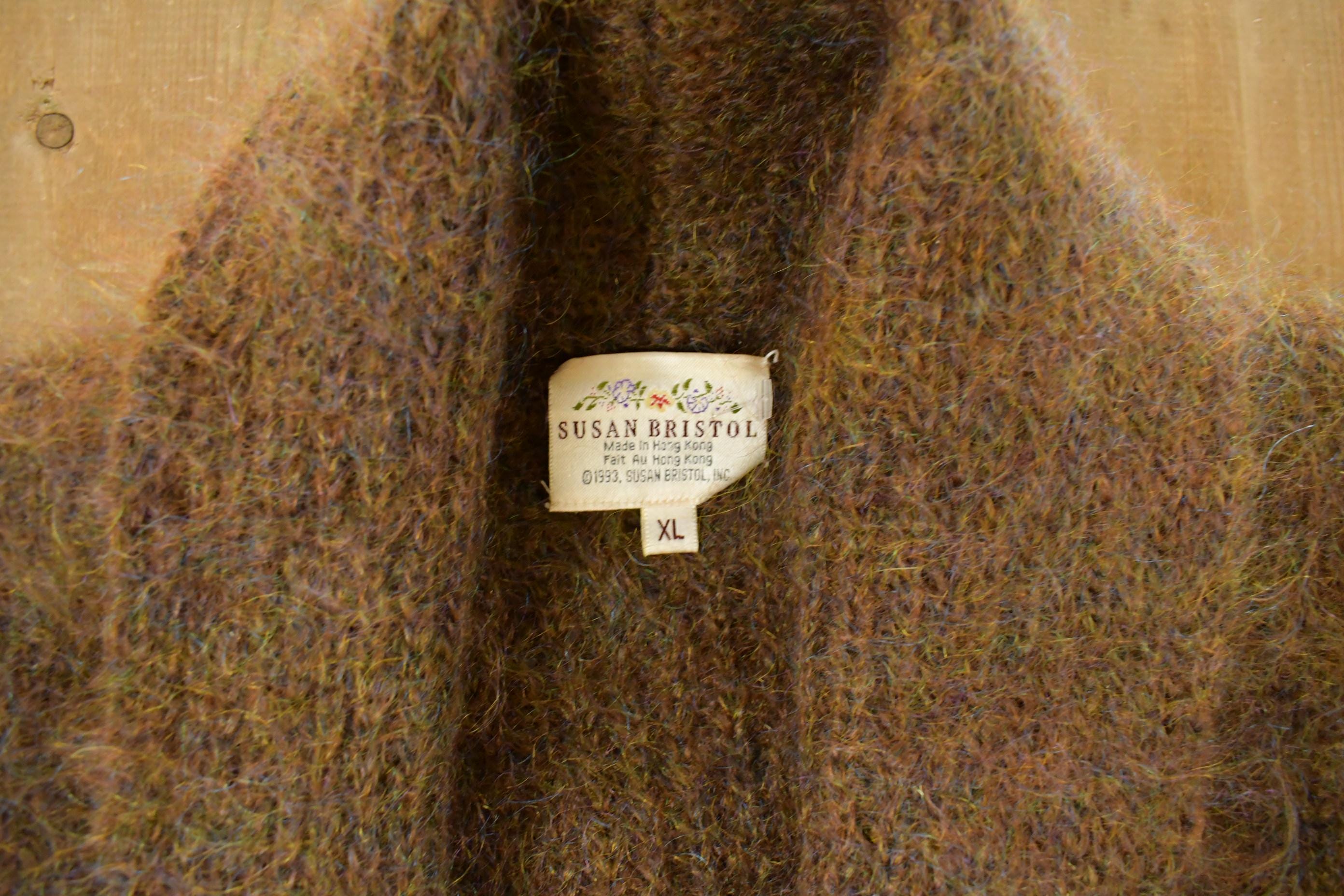 Vintage 1980s Susan Bristol Knit Cardigan Mohair Wool Sweater Women's XL