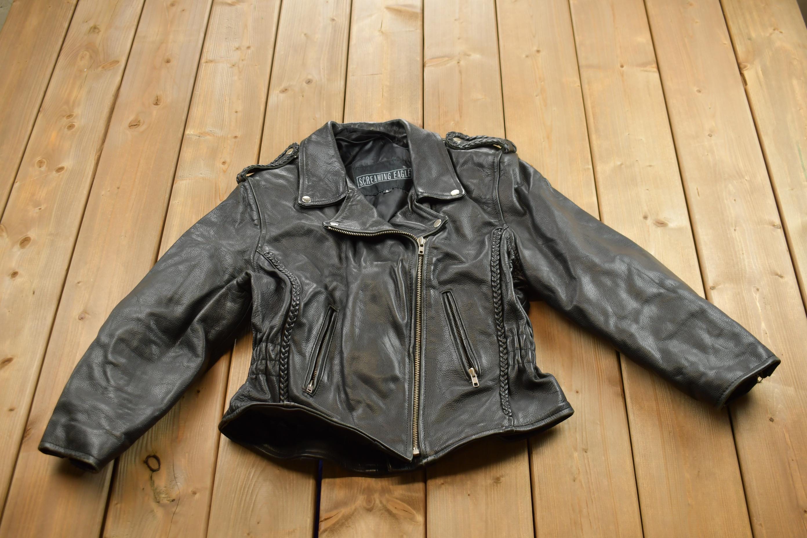Vintage 1980s Womens Leather Braid Stud Biker Jacket