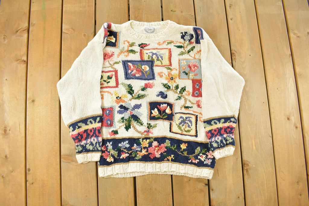 Vintage 1990s Stitches Floral Theme Knit Crewneck Sweater Women's Medium