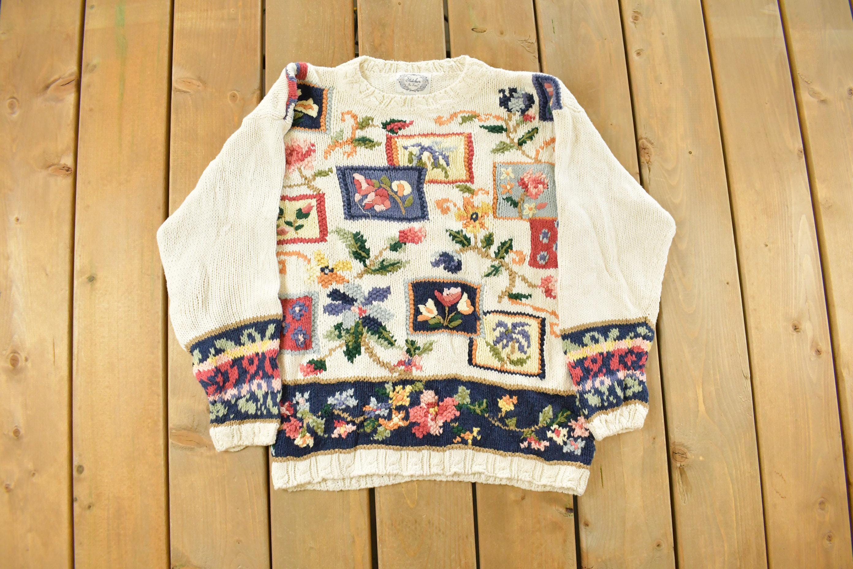 Vintage 1990s Stitches Floral Theme Knit Crewneck Sweater Women's Medium