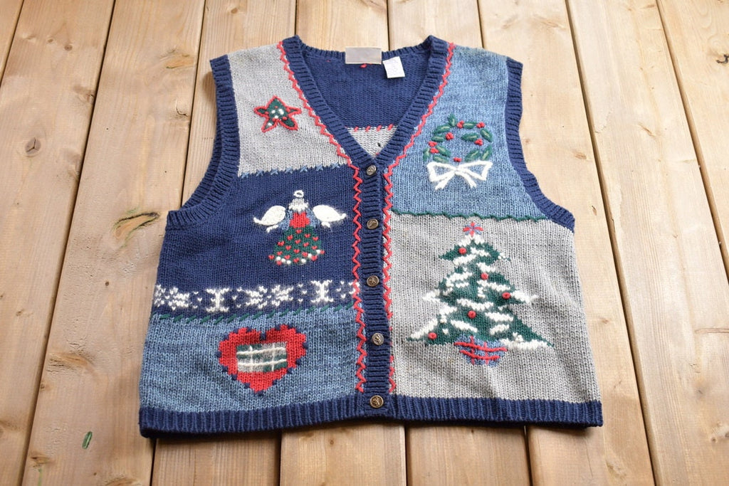 Vintage 1990s North Crest Christmas Theme Knitted Cardigan Sweater Vest