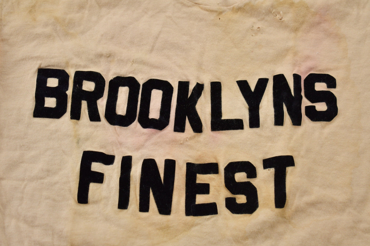 Vintage 1980s Brooklyns Finest Flock Print T-Shirt / Streetwear / Vintage Distressing / Retro Style / Single Stitch / 80s Basic Tee