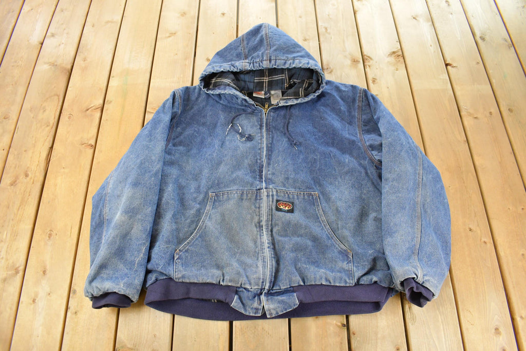 Vintage 1990s Rasco Denim Plaid Lined Fire Resistant Hooded Jacket Men's 2XL