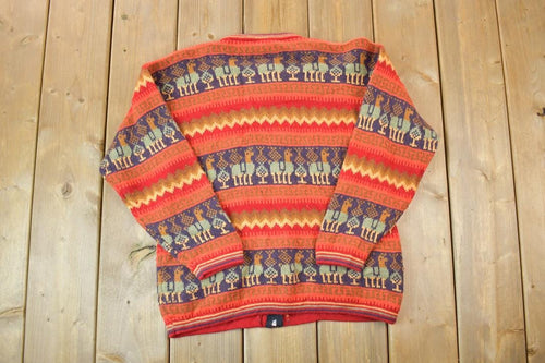 Vintage 1990s LLama Print Full Zip Abstract Knit Crewneck Sweater / 90s Crewneck / Made In USA / Preppy