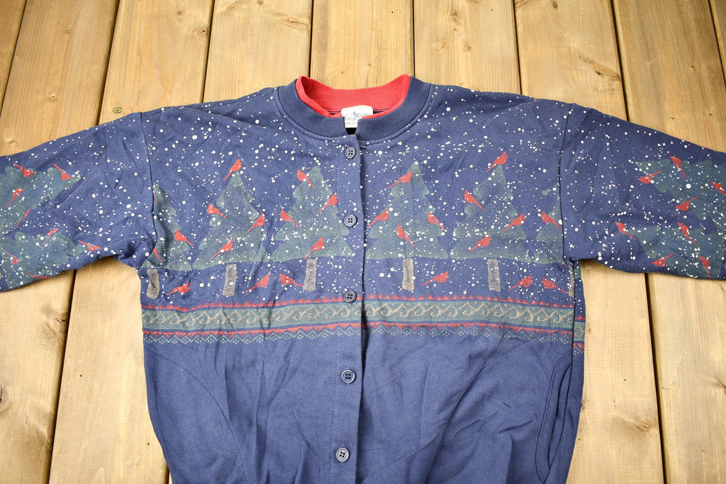 Vintage 1990s Cardinal Bird Theme All Over Print Button Up Sweater