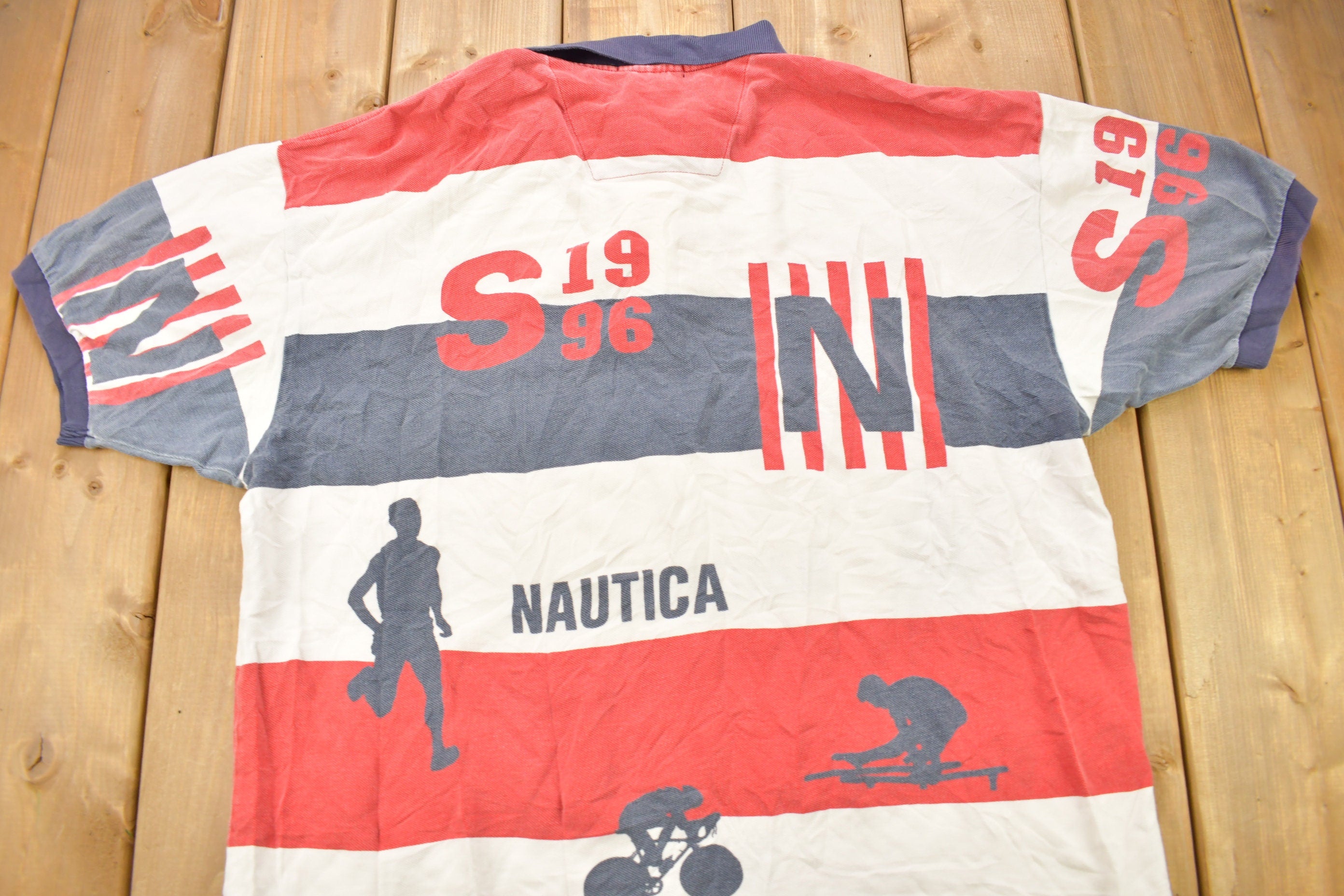 Vintage 1990s Nautica Olympic Games Color Block Polo Shirt / All Over Print / Streetwear / Vintage Nautica / Golf Shirt / Vintage Nautica