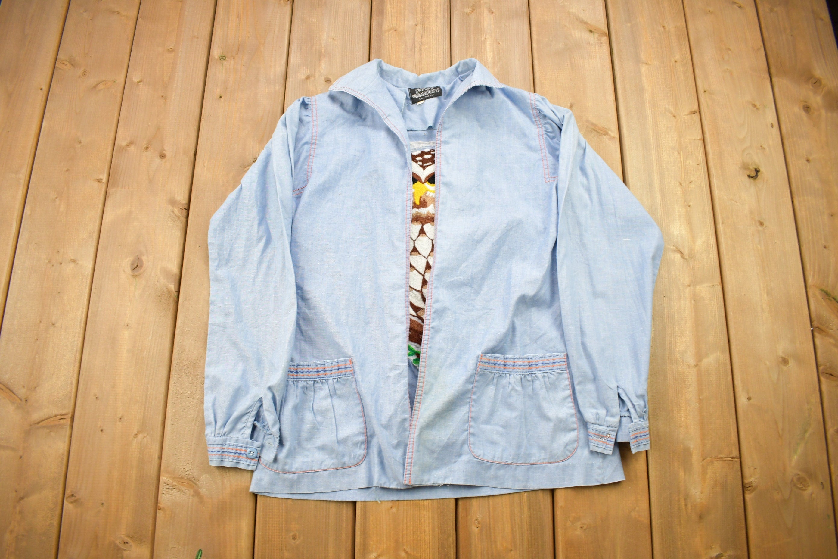Vintage 1980s Hand Stitched Owl Theme Button Up Shirt