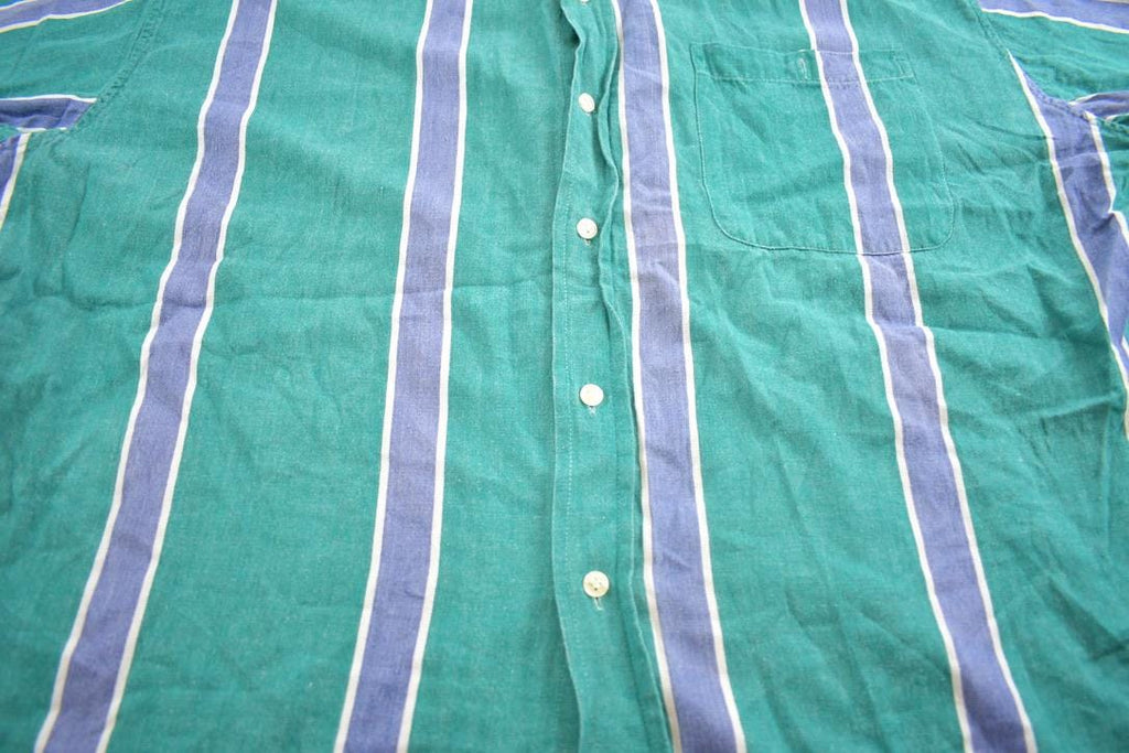 Vintage 1990s Blueprint Striped Button Up Short Sleeve Shirt