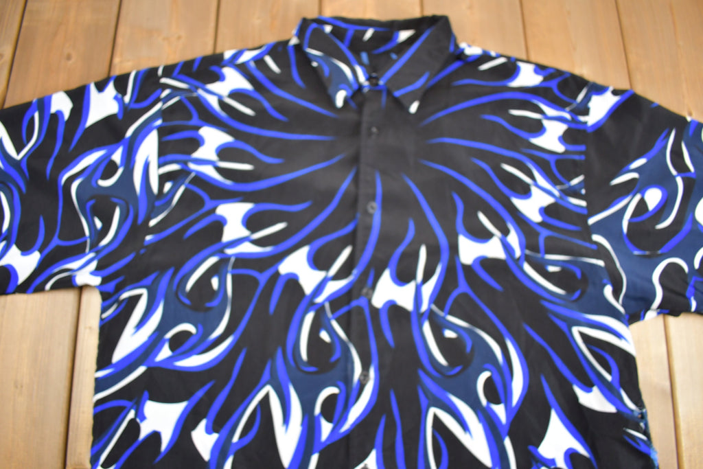 Vintage 1990s All Over Print Flame Graphic Button Up T-Shirt Flames Graphic