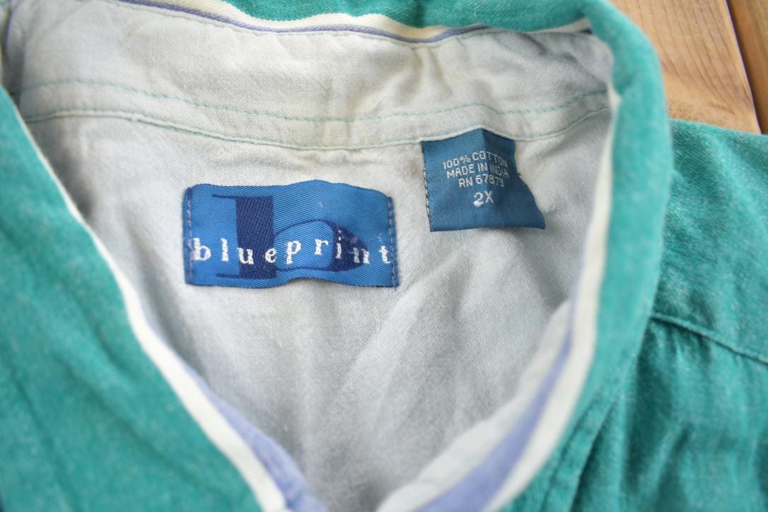 Vintage 1990s Blueprint Striped Button Up Short Sleeve Shirt