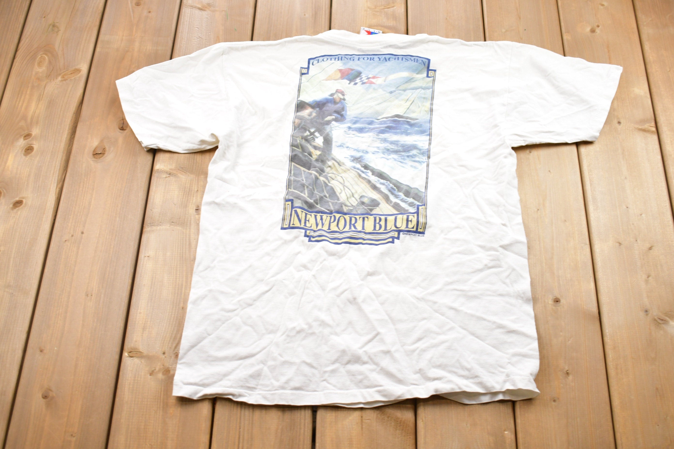 Vintage 1990s Newport Blue Yachtsmen Graphic T-Shirt