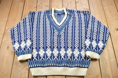 Vintage 1990s Bristol Blues Abstract Print Knitted V-Neck Sweater / Vintage 90s V-Neck / All Over Pattern / Sweatshirt / Abstract Pattern