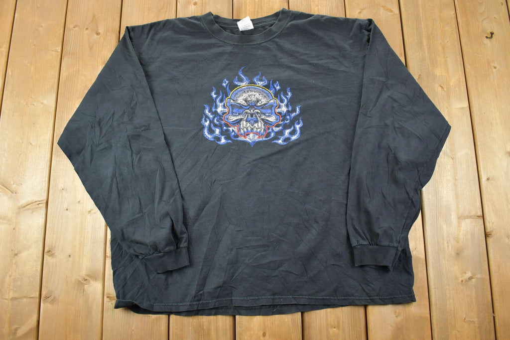 Vintage 1990s Anvil Blue Fire Skull Crewneck Light Sweatshirt