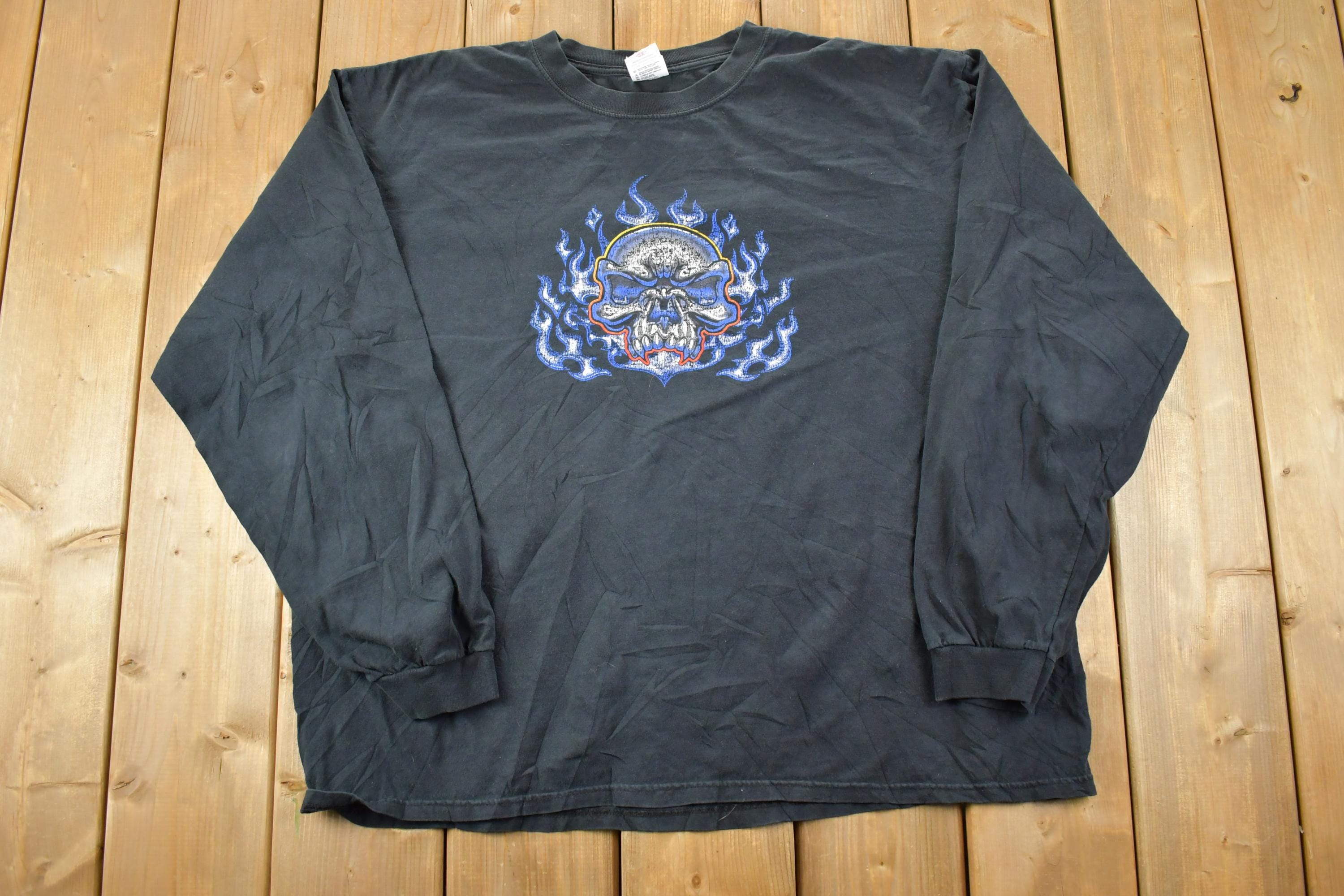 Vintage 1990s Anvil Blue Fire Skull Crewneck Light Sweatshirt