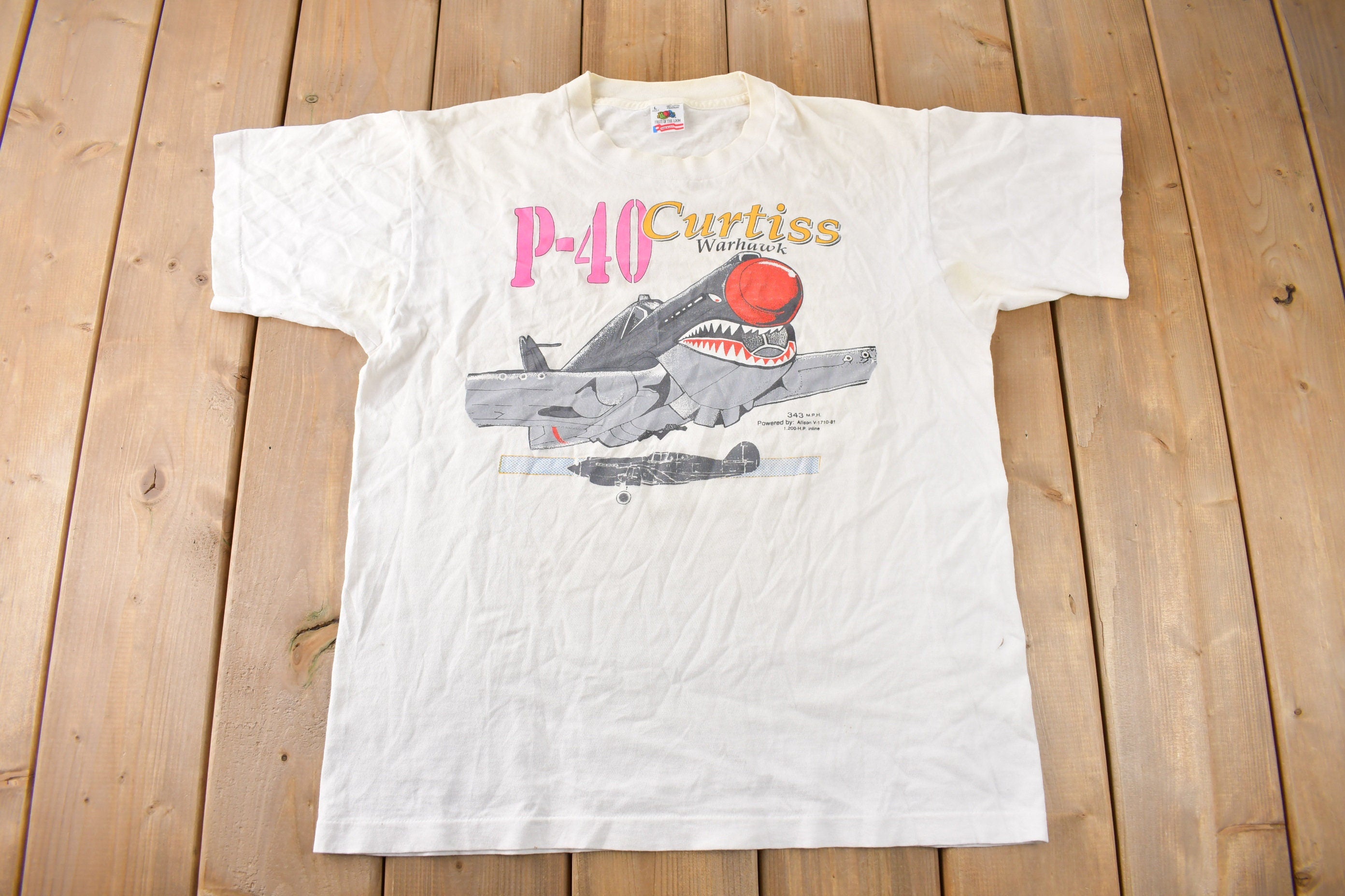 Vintage 1990s P-40 Curtiss Warhawk Fighter Plane Single Stitch Graphic T Shirt Made In USA Size M