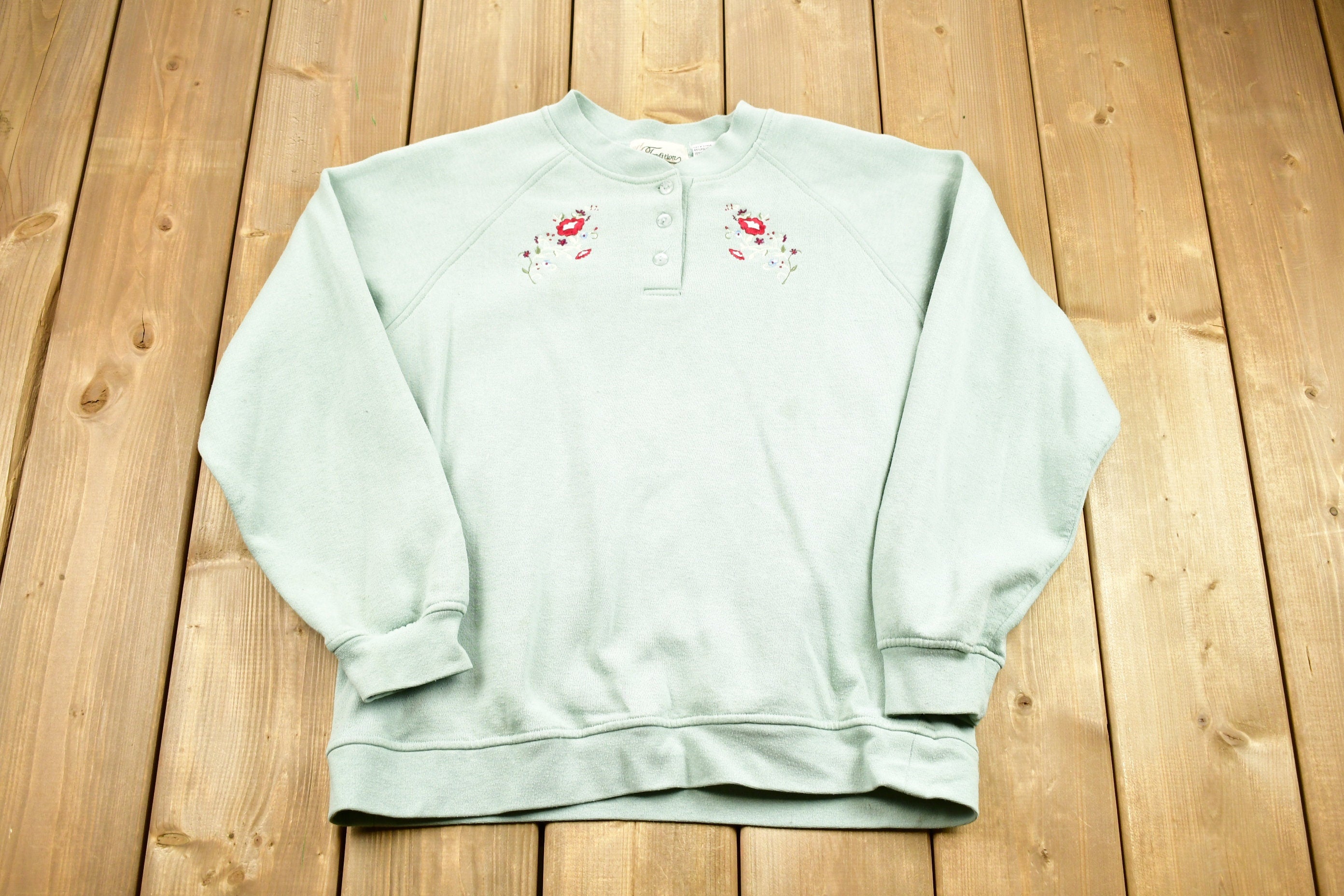 Vintage 1990s Floral Embroidered Quarter Button Sweatshirt