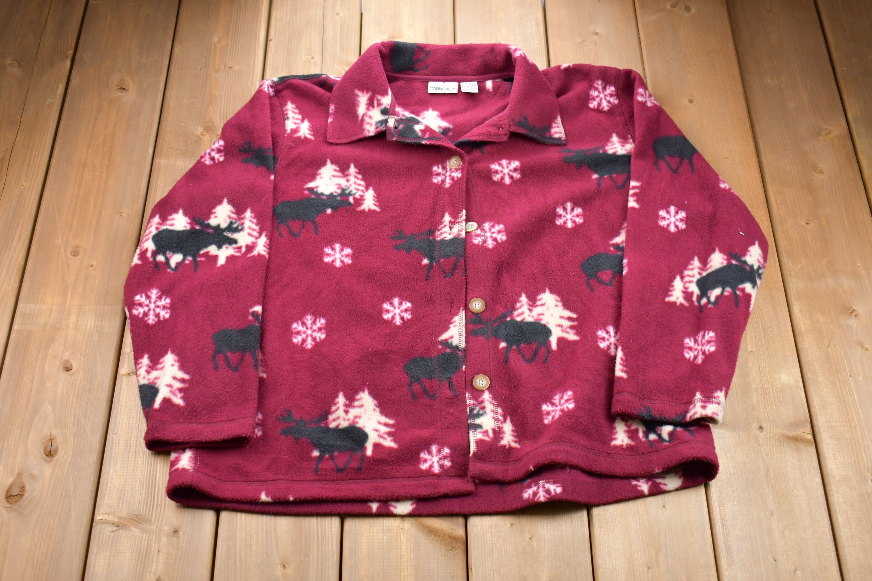 Vintage 1990s Cabin Creek Moose All Over Print Button Up Fleece Sweater