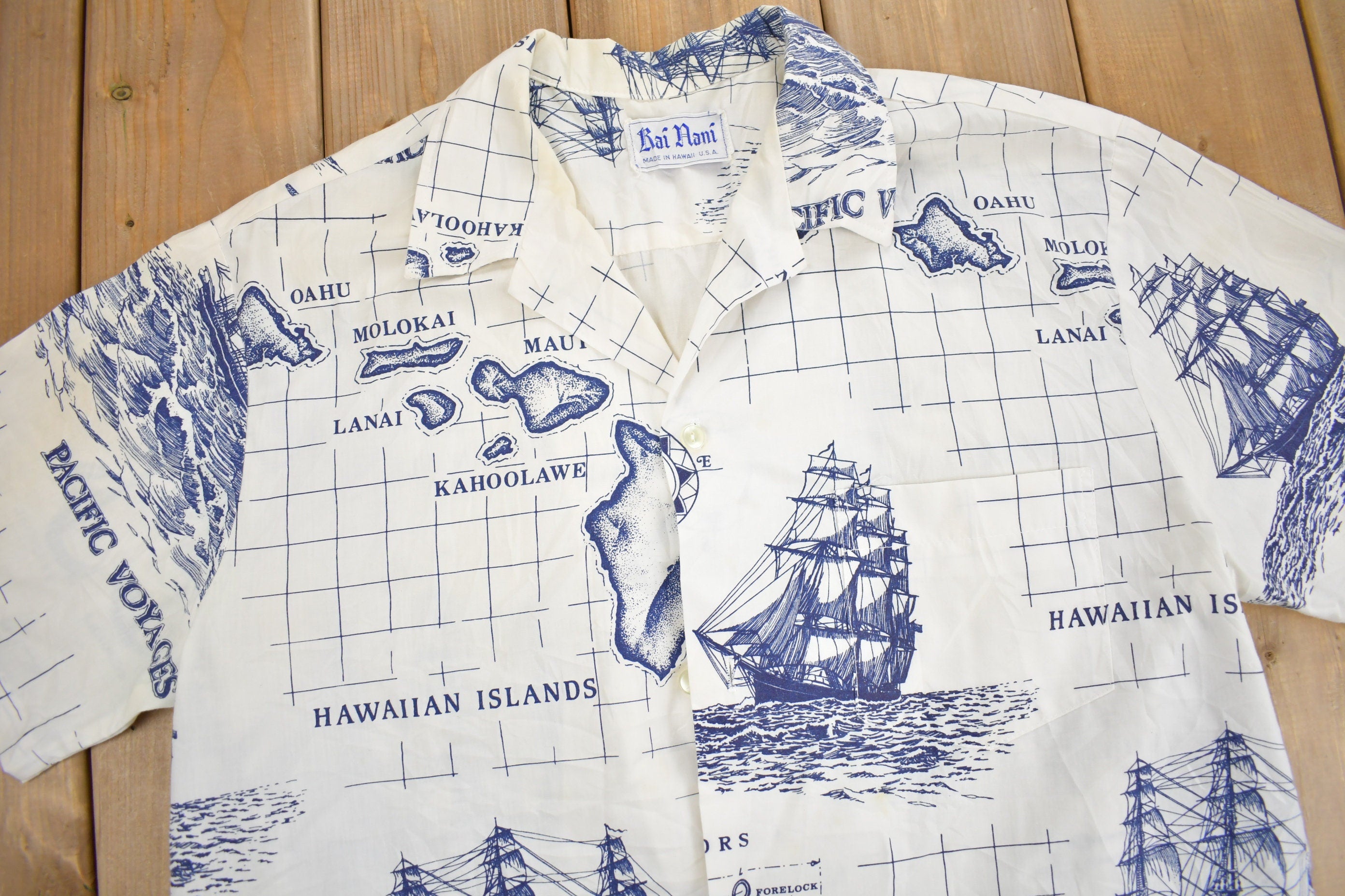 Vintage 1980s Kai Mani Hawaiian Sailing Map Theme Button Up Shirt