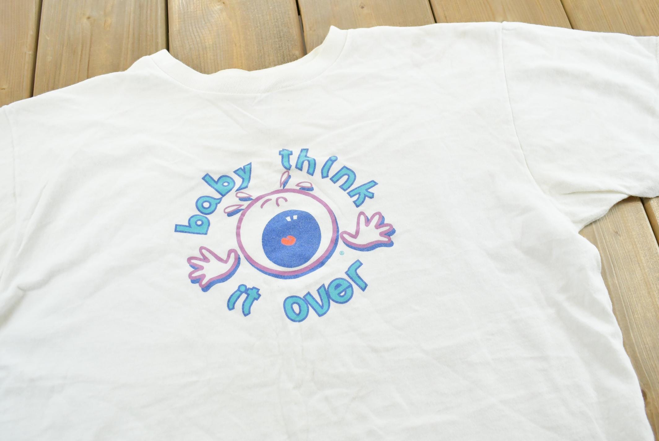 Vintage 1990s Baby Think It Over Funny Graphic T-Shirt Mens L