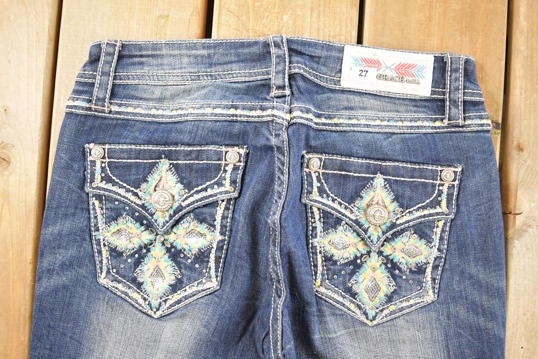 Vintage Deadstock Y2K Grace In LA Bedazzled Low Rise Jeans Women's Size 27 x 33