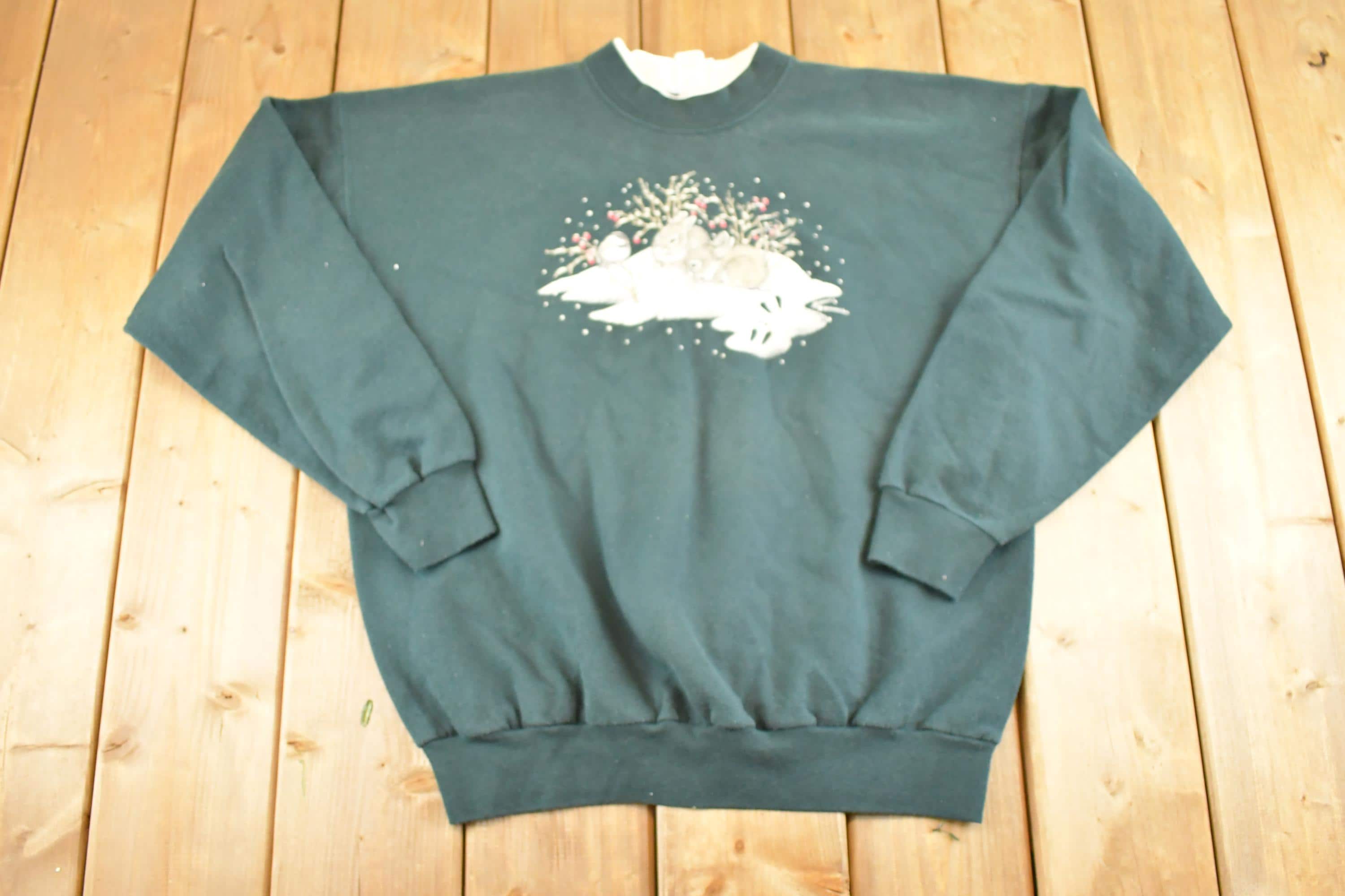 Vintage 1990s Cute Snow Bunny Double Collar Souvenir Crewneck Sweatshirt Women's XL