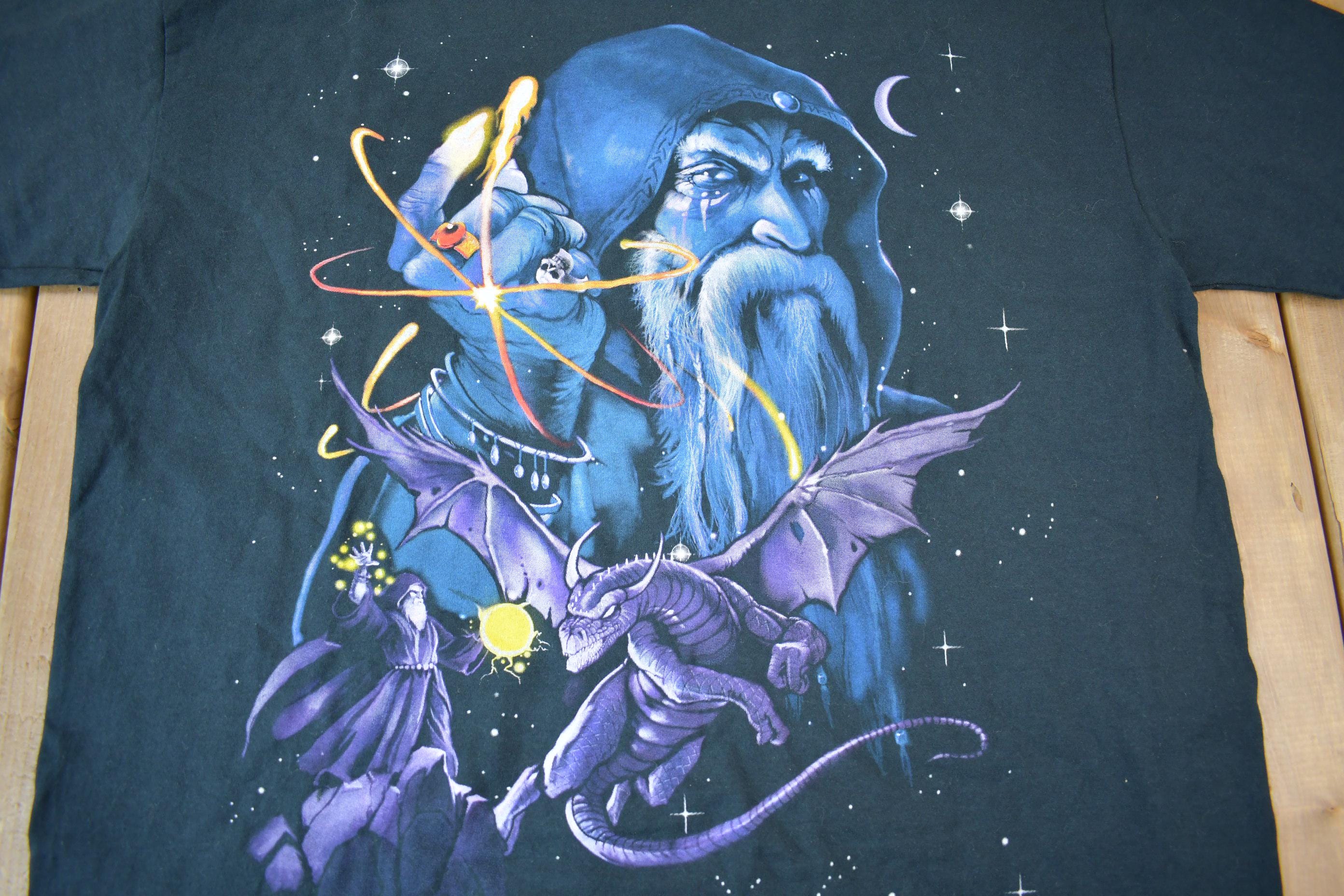 Vintage 2003 Deadstock Liquid Blue Dragon Wizard Graphic T-Shirt