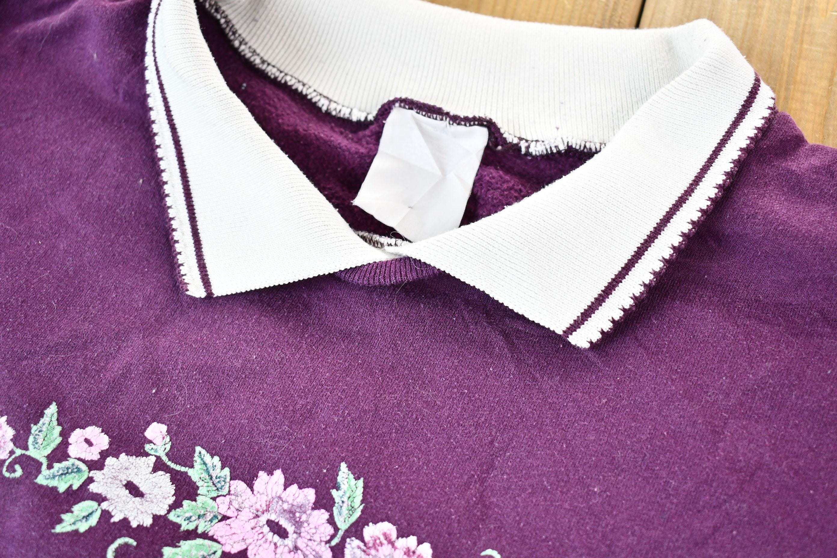 Vintage 1990s Dark Purple Floral Collared Graphic Sweatshirt