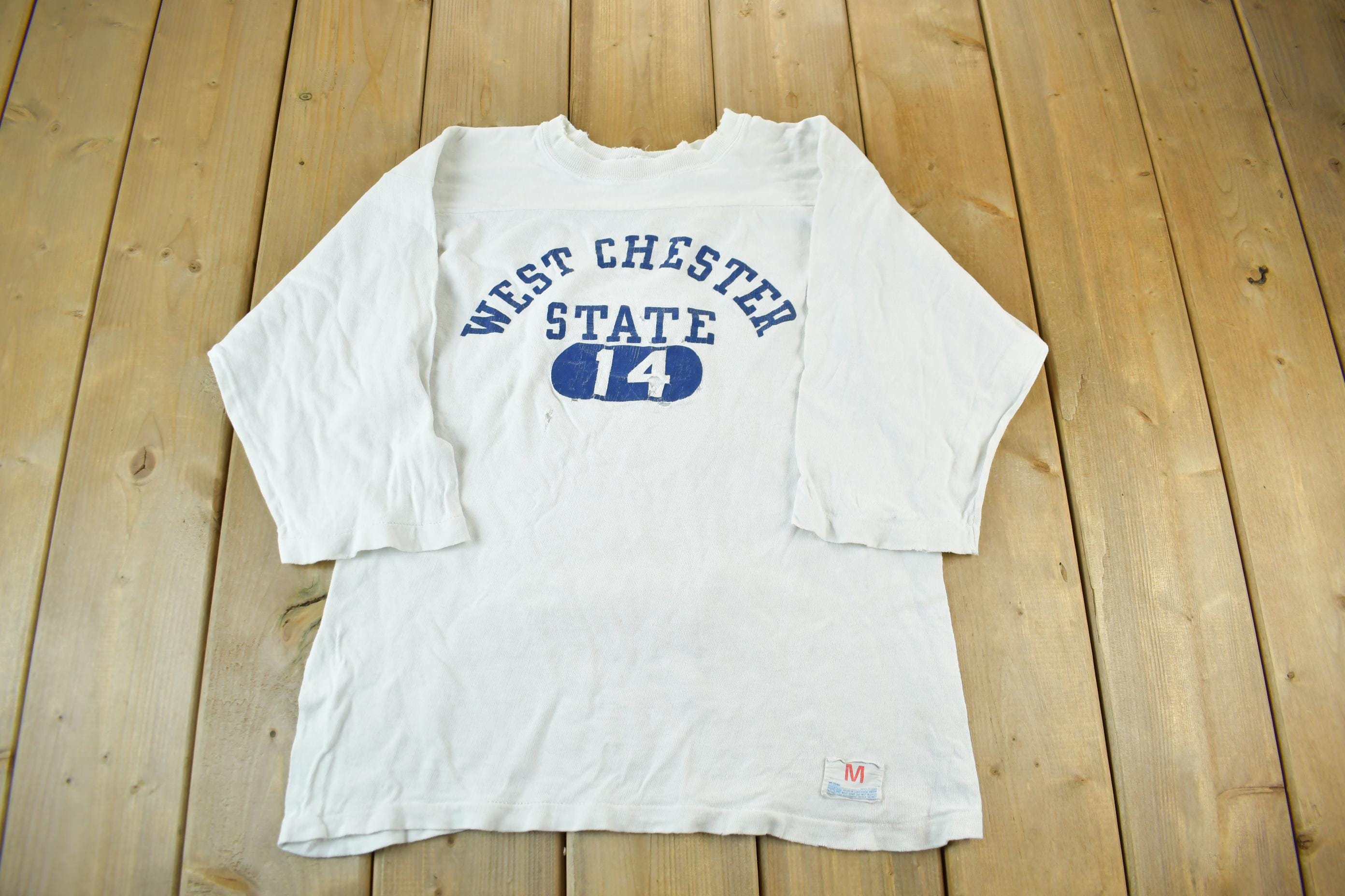 Vintage 1970s 1980s West Chester State University Collegiate T-Shirt Men's Medium  80s Champion Thrashed Distressed NCAA Tee  Americana