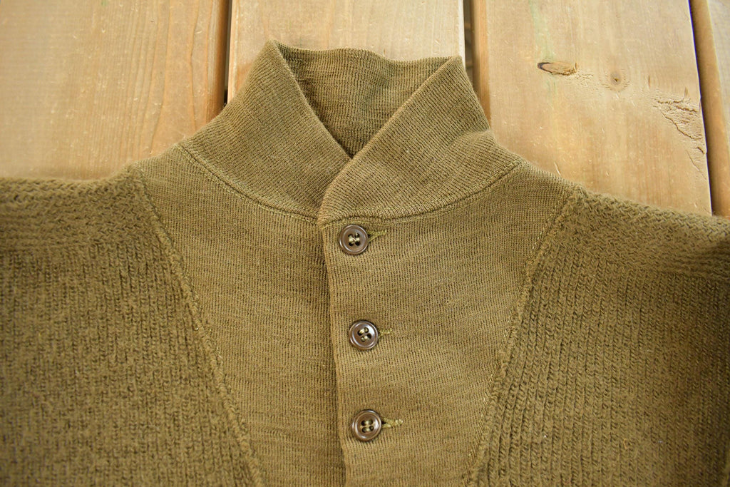 Vintage 1980s Military Wool Olive Henley Knit Sweater Men's Medium