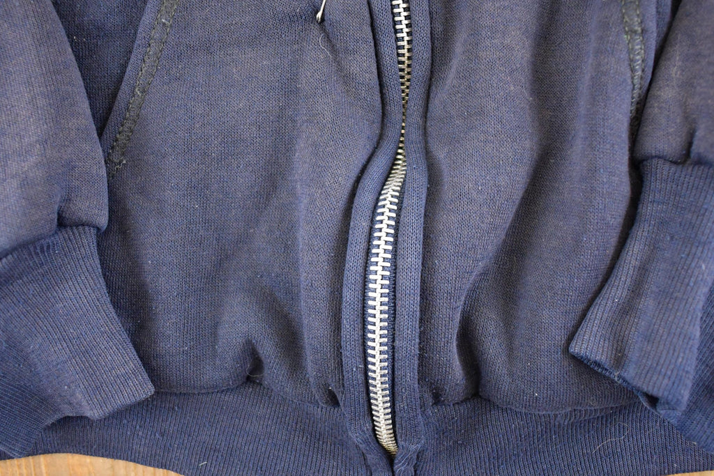 Vintage 1990s Navy Thermal Lined Thrashed Full Zip Hoodie Sweatshirt Men's M / 90's Sun Faded Thrashed Boxy Fit Streetwear Sweater