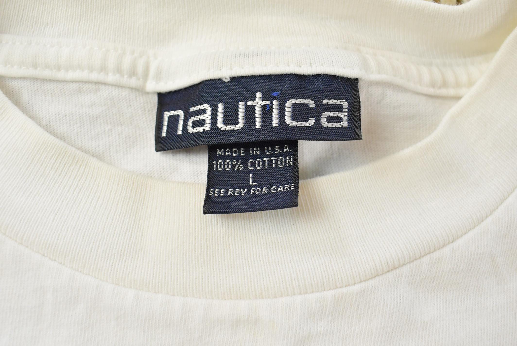 Vintage 1990s Nautica Rowing Oars Graphic T Shirt Men's L / Big Box Logo Print / 90s / Streetwear / Preppy / Made In USA / Single Stitch