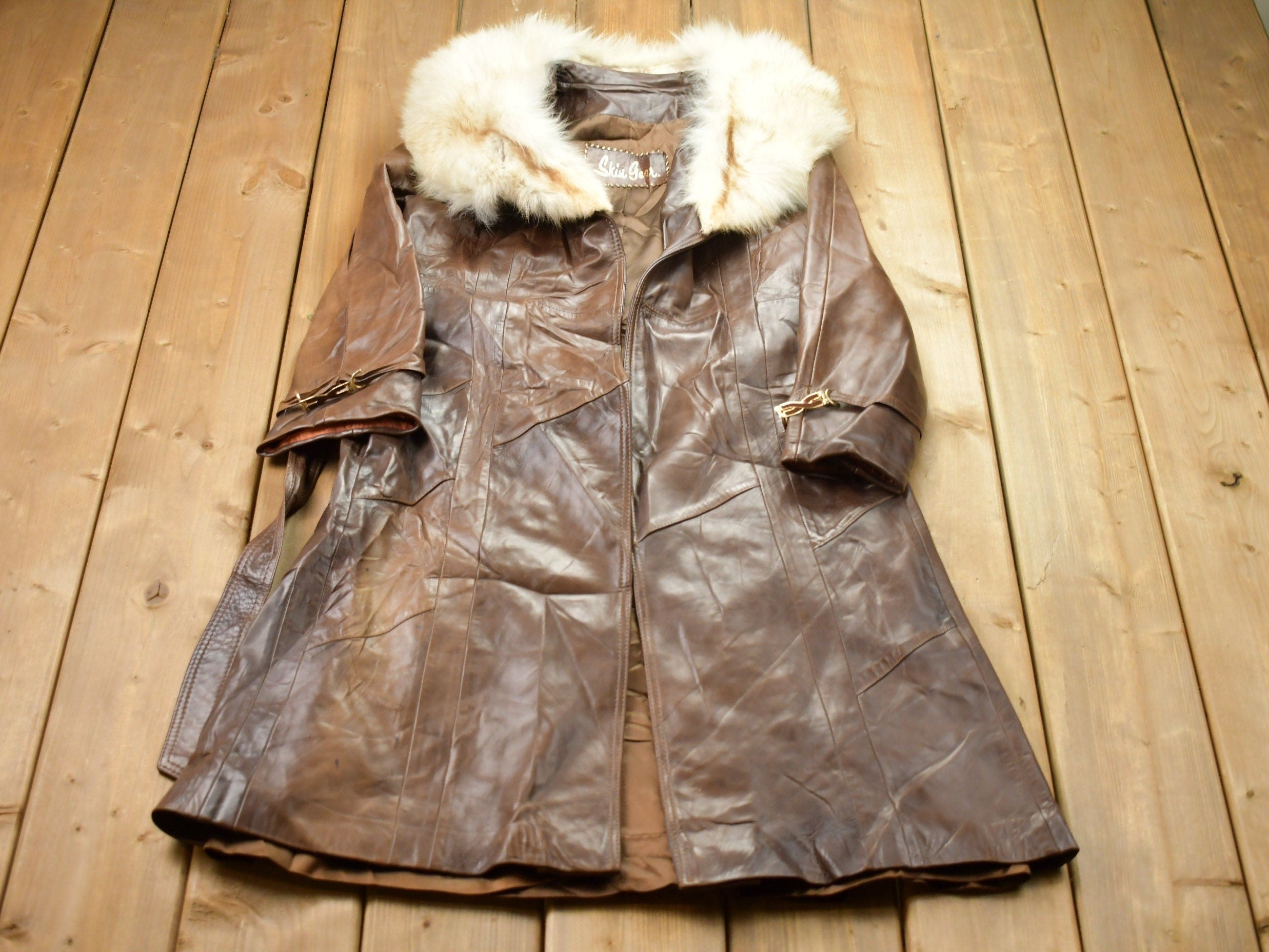 Vintage 1970s Leather Trench Coat With Fox Fur Collar
